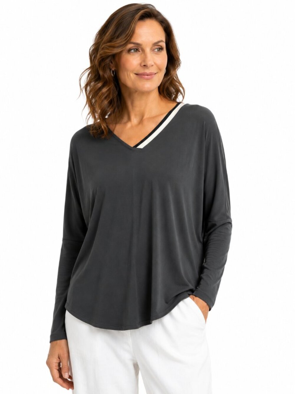 Sympli Gray Underline Cinch Top Tunic Size 6 V-Neck Stretchy Jersey Knit Travel